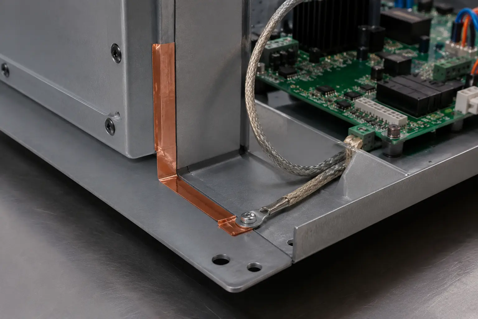 Copper foil tape grounding and shielding an electronic enclosure