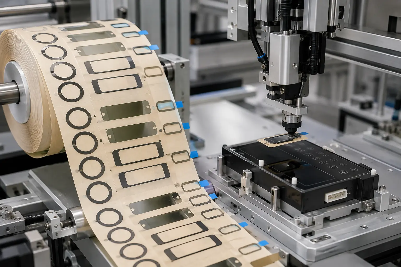 Precision die-cut adhesive tape parts prepared for automated assembly