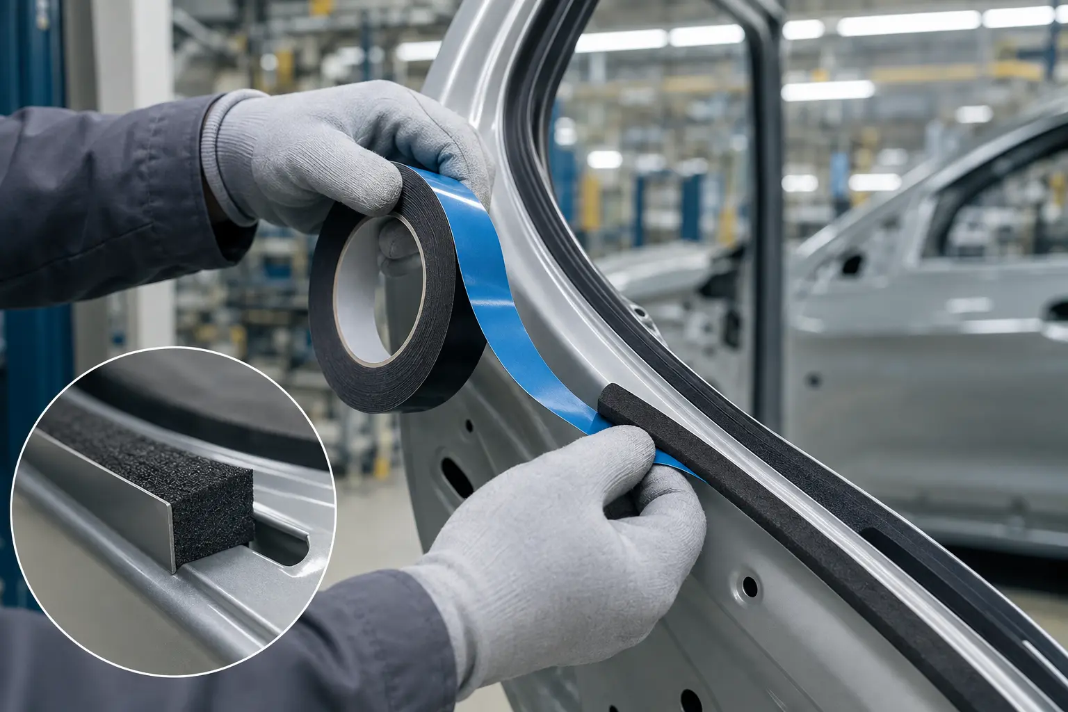 Custom foam tape applied to an automotive door frame for sealing and vibration control
