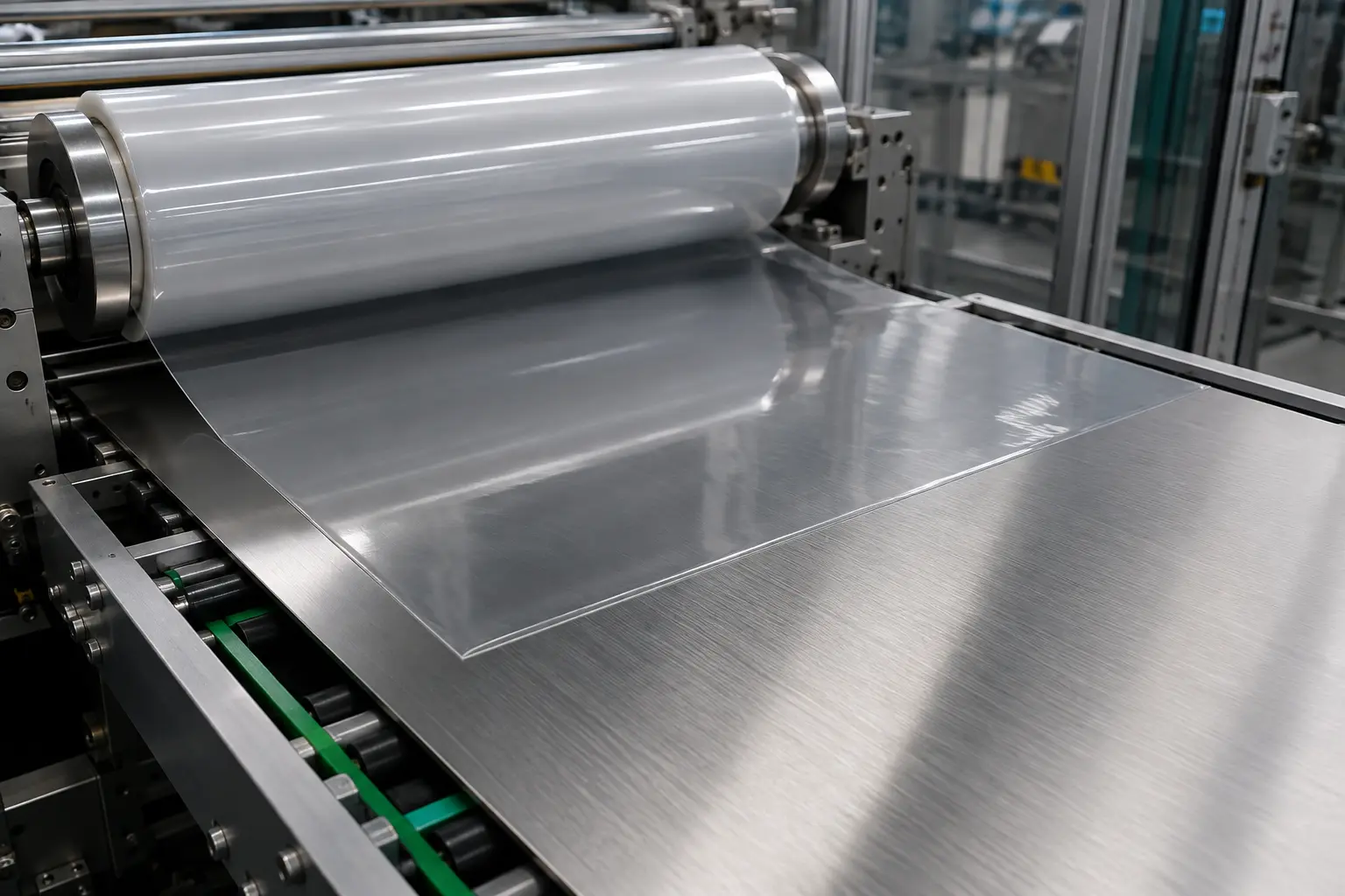 Surface protection film applied to a stainless-steel sheet on a fabrication line