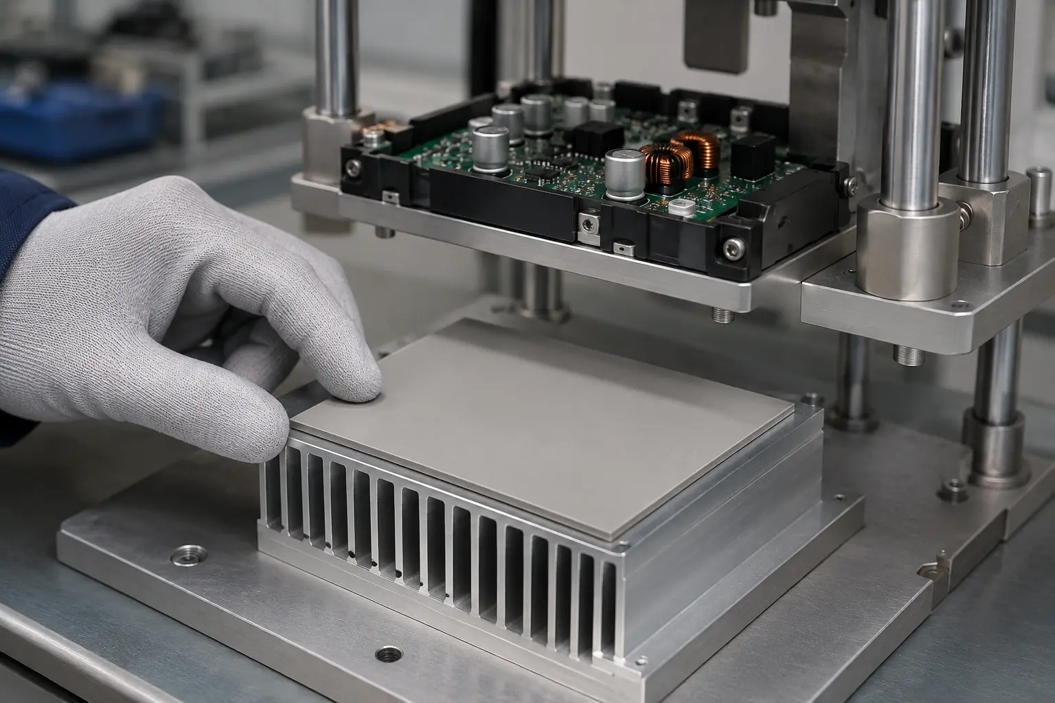 Thermally conductive pad installed between a power module and aluminum heat sink