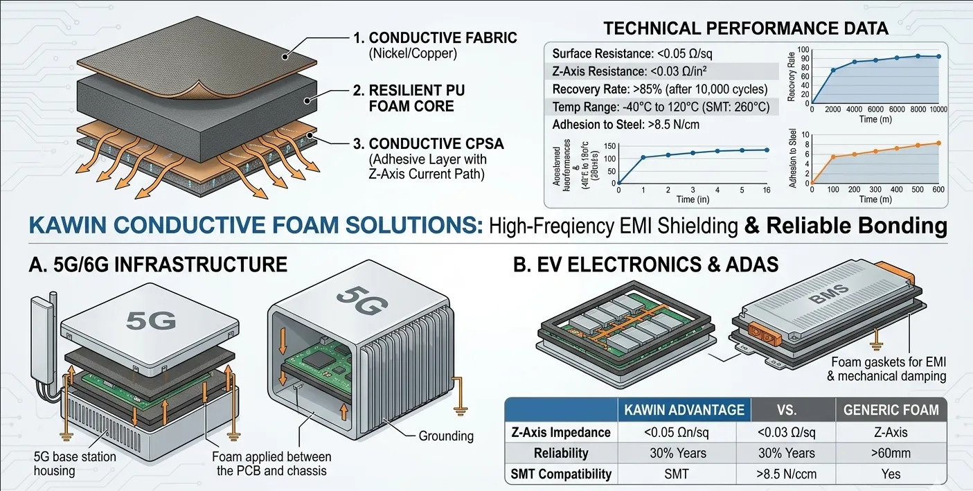 Technical diagram of KAWIN conductive foam with nickel-copper fabric and Z-axis conductive adhesive for EMI shielding in 5G electronics.