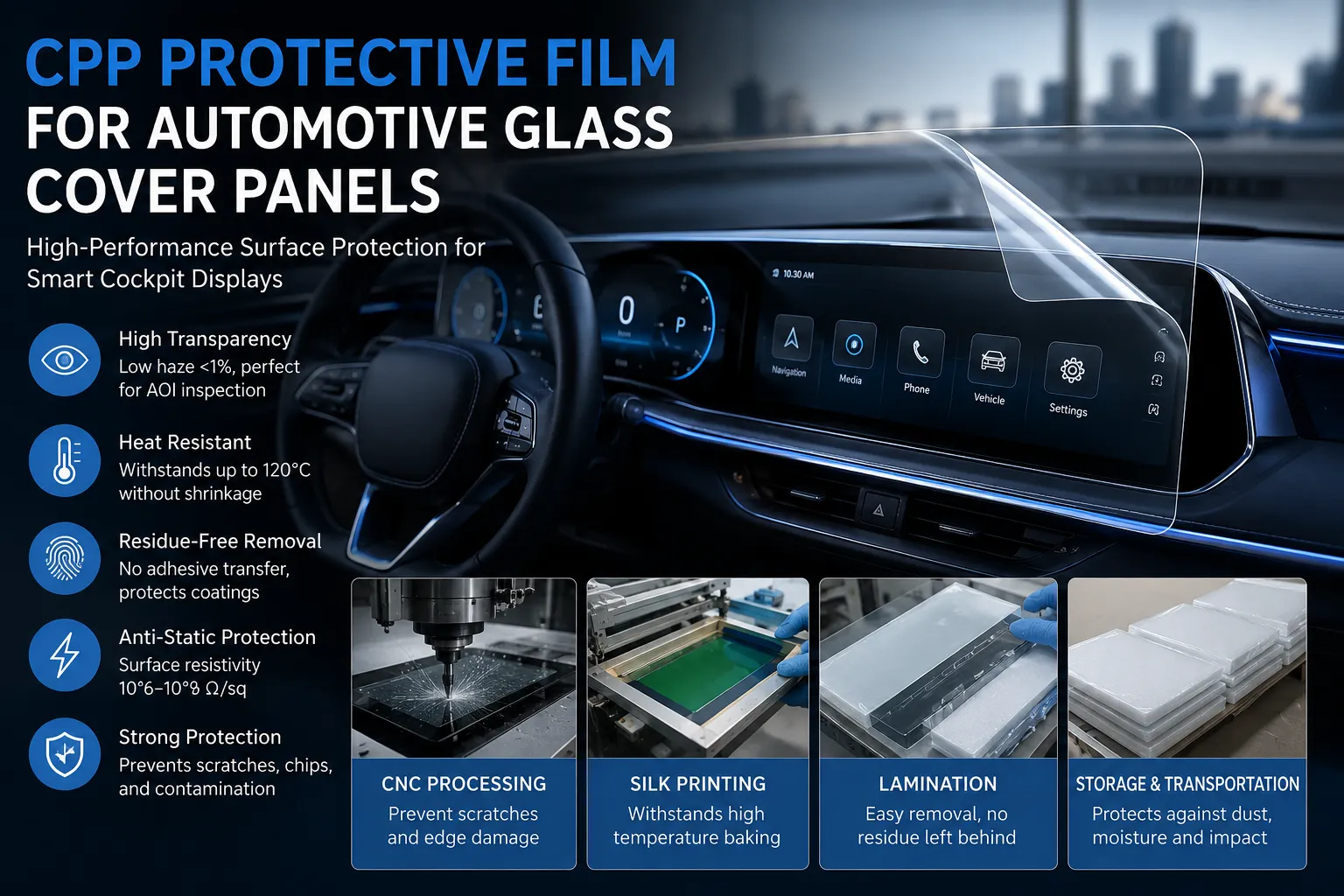CPP protective film applied on curved automotive smart cockpit display glass