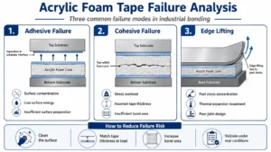Acrylic foam tape failure analysis showing adhesive failure cohesive failure and edge lifting