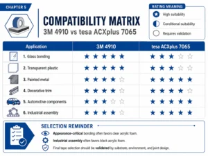 Acrylic foam tape compatibility matrix for industrial bonding applications